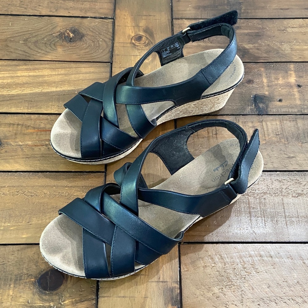 Clarks Collection Un Capri Step Black Strappy Cork Wedge‎ Sandals Womens 9.5 M